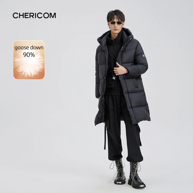 Chericom New Men's Winter Down Jacket Long Thickened Goose Down Warm Padded Coat Hooded Solid Loose Puffer Jacket 299635