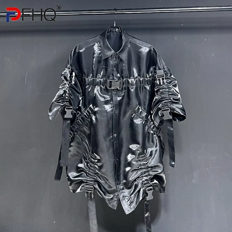 PFHQ Motorcycle Futurist Eye-splice Shirts For Men Short Sleeve Single Breasted Pleated Design Tops Haute Quality Autumn 21F3793