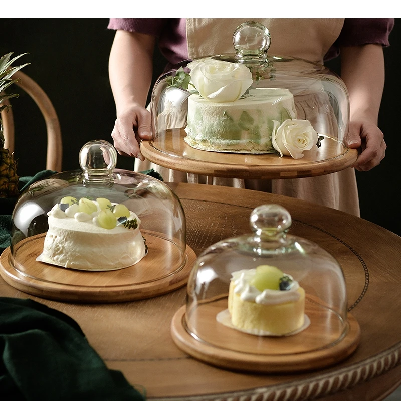 Simple Wooden Cake Stands Glass Cover Bread Pastry Dessert Plate Home Kitchen Tools Fruit Display Snack Trays
