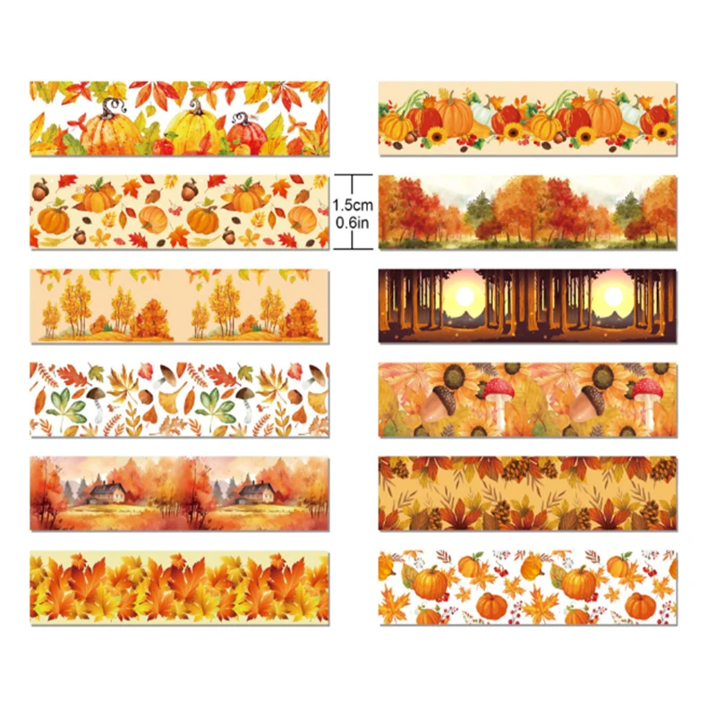 12권 - 추수감사절 단풍잎 호박 500cm 접착식 소책자 장식 및 종이 테이프, 아름다운 질감 테이프, DIY 스크랩