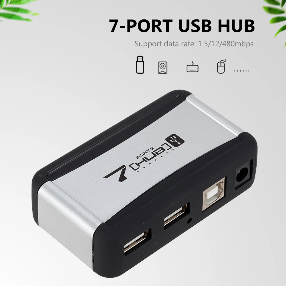 EU/US Plug USB Hub 7 Ports Splitter USB 2.0 Plug and Play Support 1.5/12/480Mbps with Power Adapter for PC Computer and Laptop