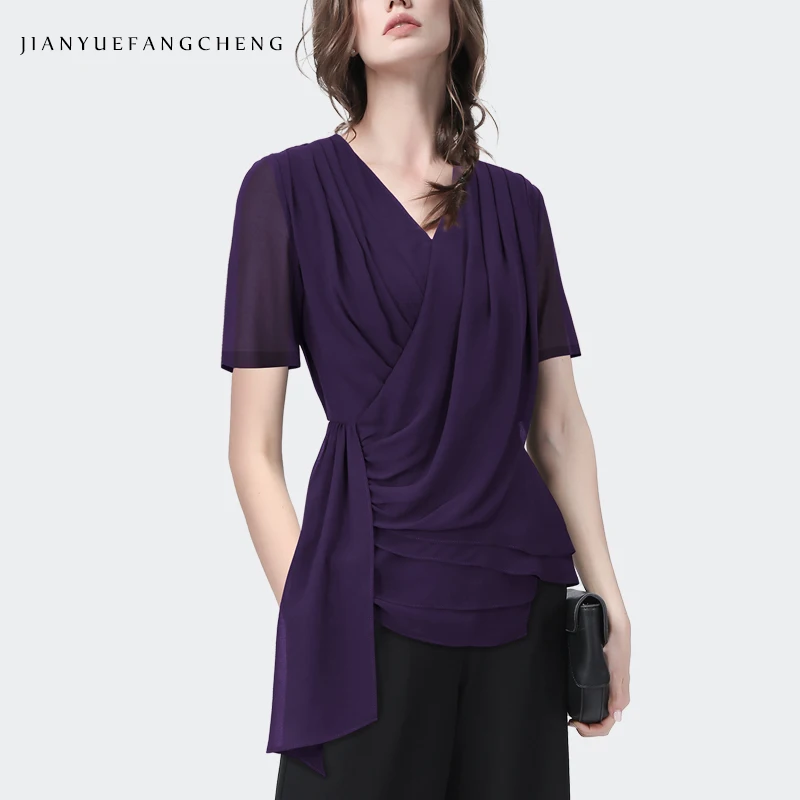 Natural Purple V Neck asymmetrical design print Shirt tops Spring main image 0
