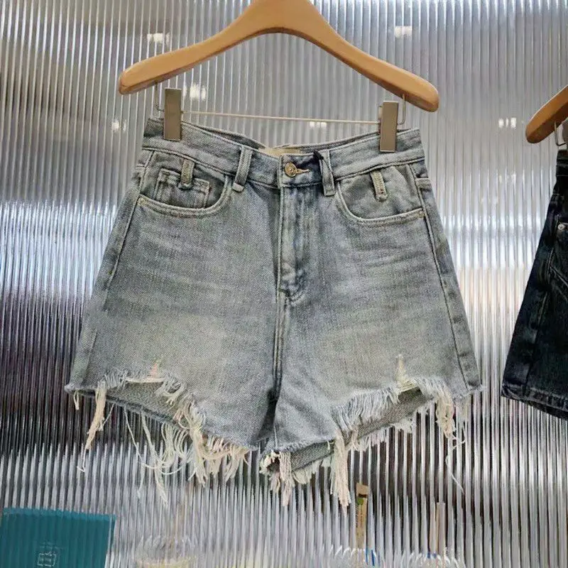 Large High Waist Perforated Pocket Denim Shorts Women's A-line Hot Pants Trend  trousers women  High Strecth