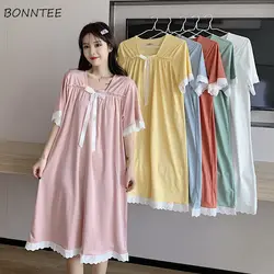 Nightgowns Women Short Sleeve Various Colors Sweet Cute Females Knee-length New Arrival Lace Home Sleepwear Night Summer Korean