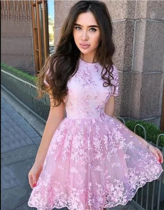 Vestidos de Fiesta de encaje rosa con mangas, Mini vestidos de graduación para chicas jóvenes, novedad de verano 2022| - AliExpress