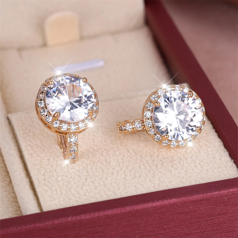 Charm White Zircon Round Stone Small Hoop Earrings For Women Vintage Gold Color Ear Buckle Wedding Jewelry Engagement Party Gift