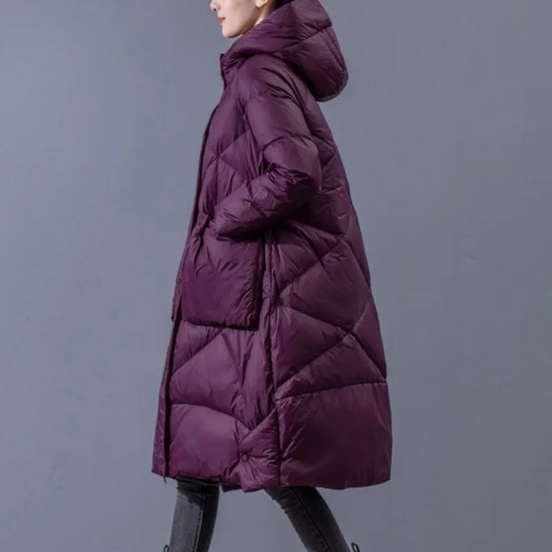 2023 New Women Down Jacket Winter Coat Long-style Large Size Loose  Parkas Literary Retro Skirt Thicken Outwear Hooded Overcoat