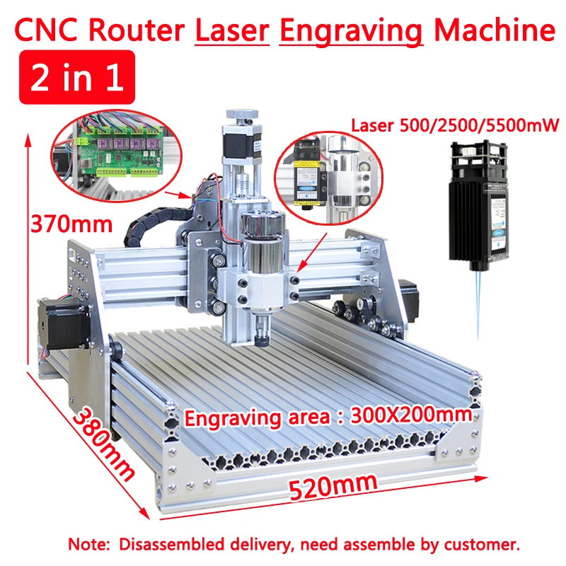 

Disassembled Pack DIY 2030 300W 2 in 1 Mini CNC Router Engraver Laser Engraving Machine With Laser 500/2500/5500mW PCB, Artwork