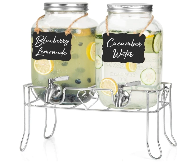 Outdoor glass beverage maker 2 packs, hanging chalkboard and stainless steel faucet, for lemonade, tea, cold water 2