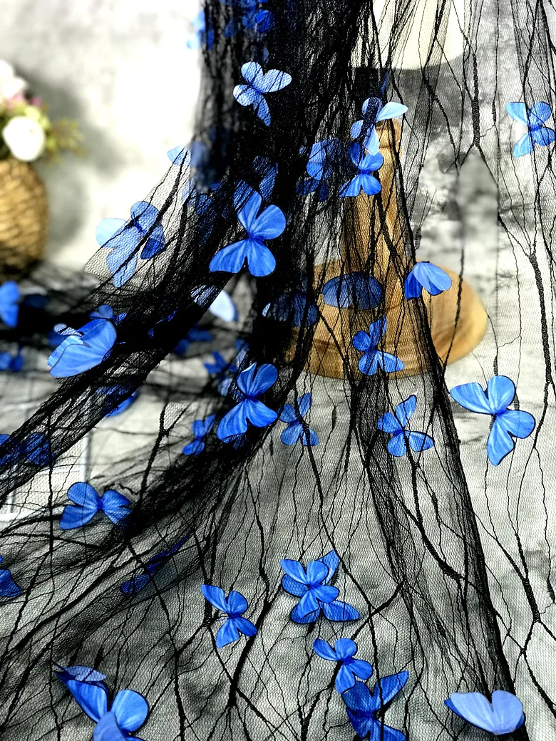 Black Transparent Blue 3D Butterfly Flower Lace Mesh Fabric Transparent Wedding Dress Designer Fabric