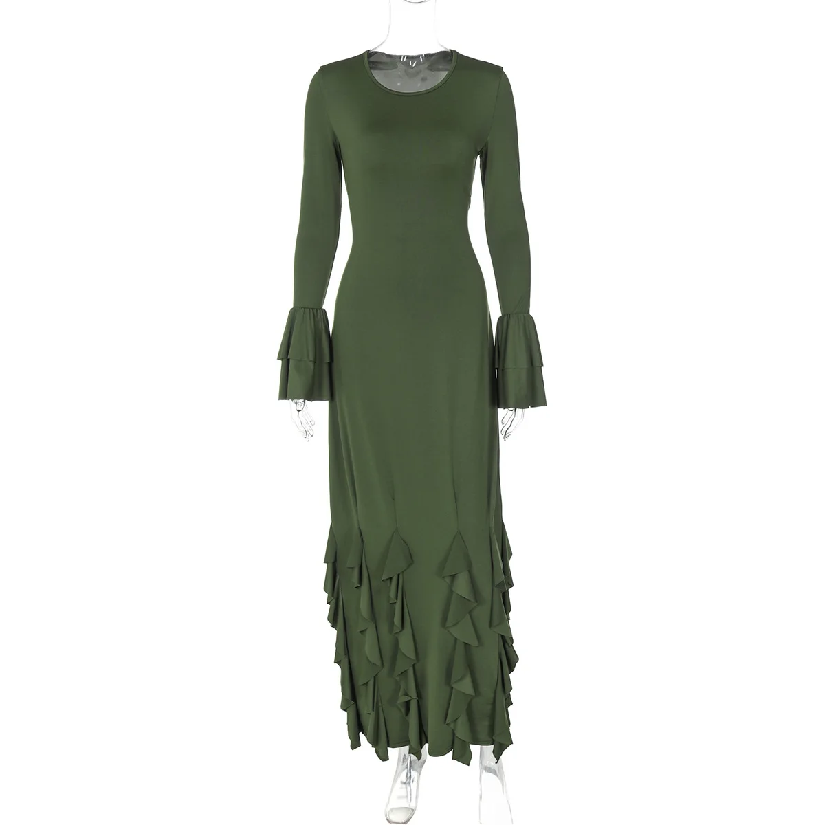 O Neck Knit Ribbed Long Sleeve Ruffles Women'S Dresses Elegant Evening Manufacturer Casual Y2K Prom Ladies Dress