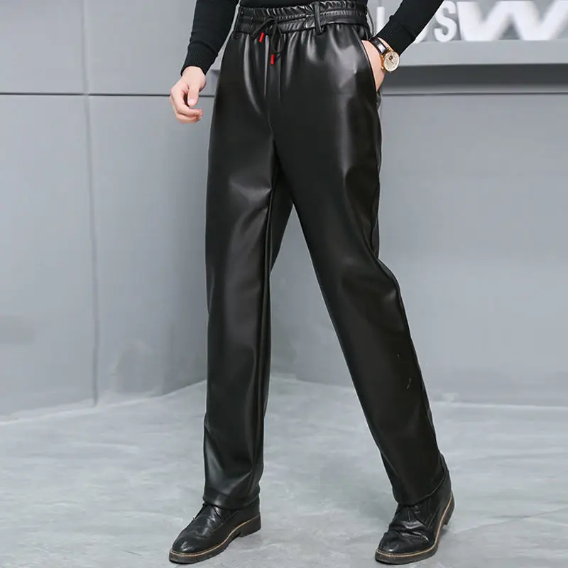 Punk Style Moto Biker Men Waterproof Soft Plus Fleece Thicken Winter Wlde-waisted Loose Elastic Waist Streetwear Leather Pants men trousers leather pants