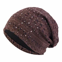 Winter Hats For Women Men Lace Rhinestone Breathable Turban Hat Windproof Warm Cap Female Beanie Hip Hop Bone Gorro Ponytail Hat 1