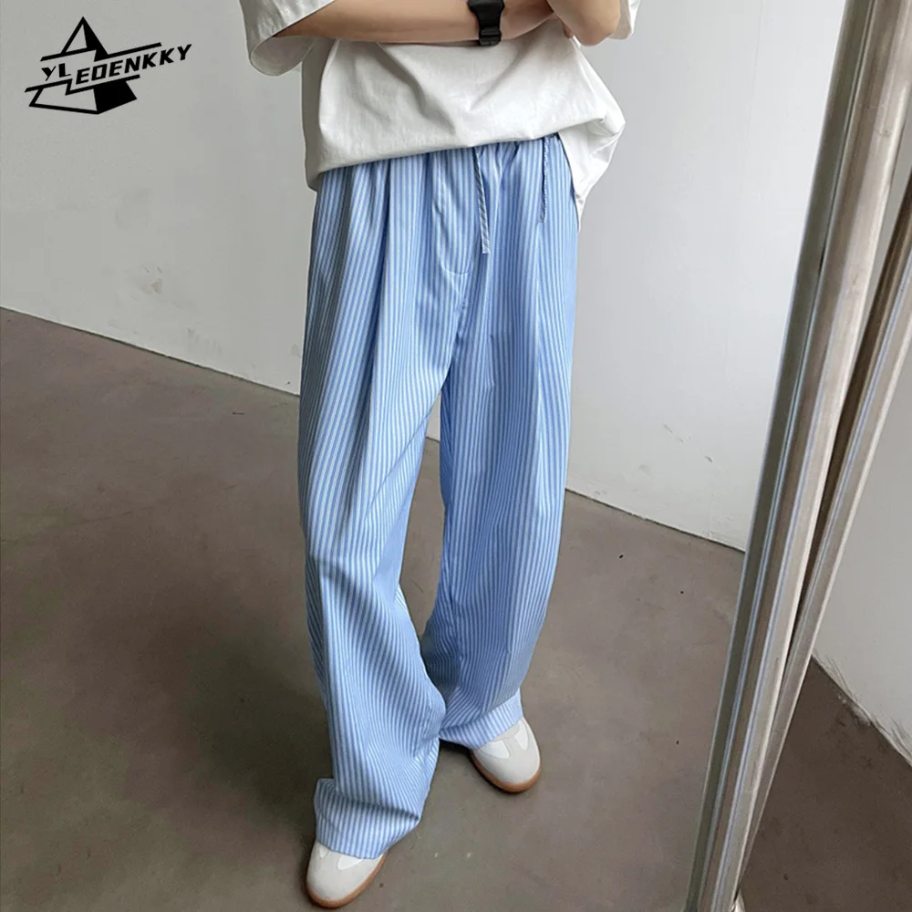 

Повседневные брюки в Корейском стиле для мужчин и женщин, быстросохнущие прямые штаны в синюю Вертикальную Полоску, свободные широкие брюки в стиле Харадзюку, унисекс