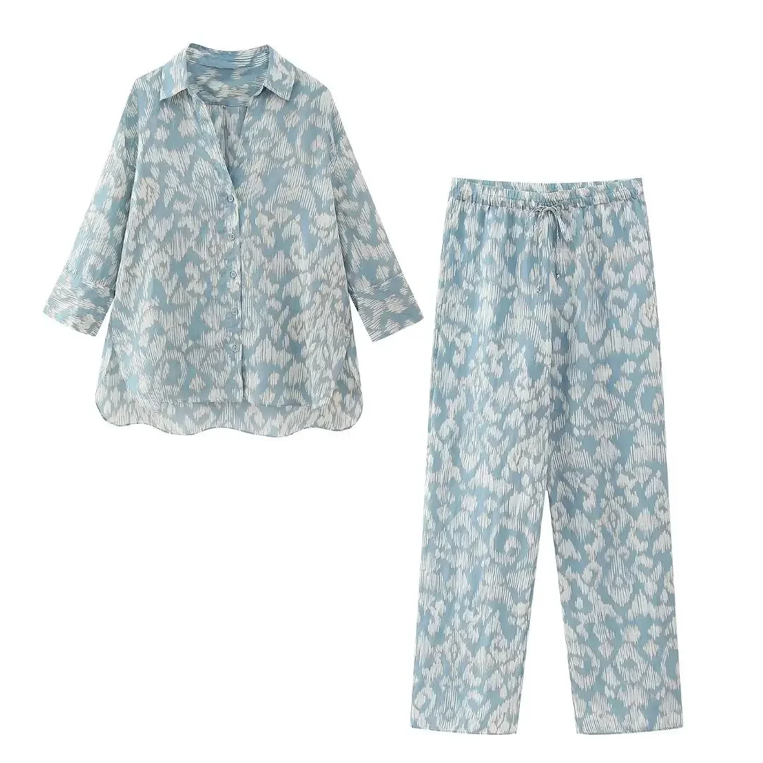 

woman 2 pieces 2023 Fashion Printed ramie shirt +Printed ramie trousers Women's suit