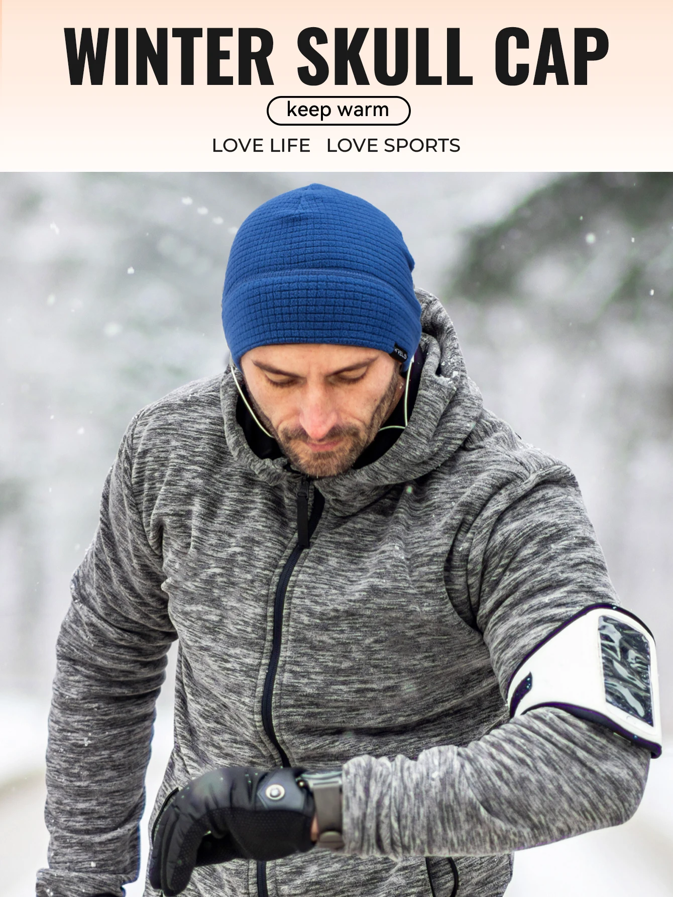 WRELS Warme Sport-Fleece-Mütze, Waffel-Schädelkappe, leichte, weiche Laufmütze, dicke, winddichte Wintermütze, Sport-Schädelkappe – Detail 1