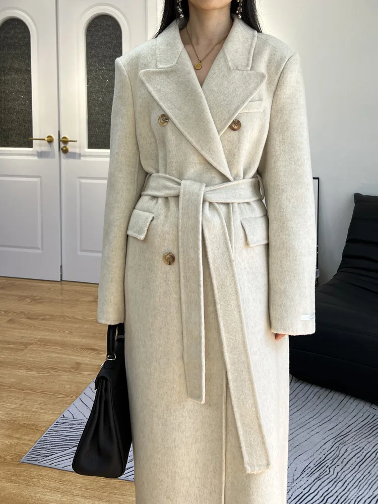 High-end Soft Double-sided 100% Wool Coat Women Simple Fashion Lapel Belt Long Split Woolen Coat Female Overcoat Autumn Winter