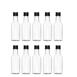 Set of 10 Miniature 50ml Plastic Liquor Bottles with Assorted Caps - Plastic (Black)