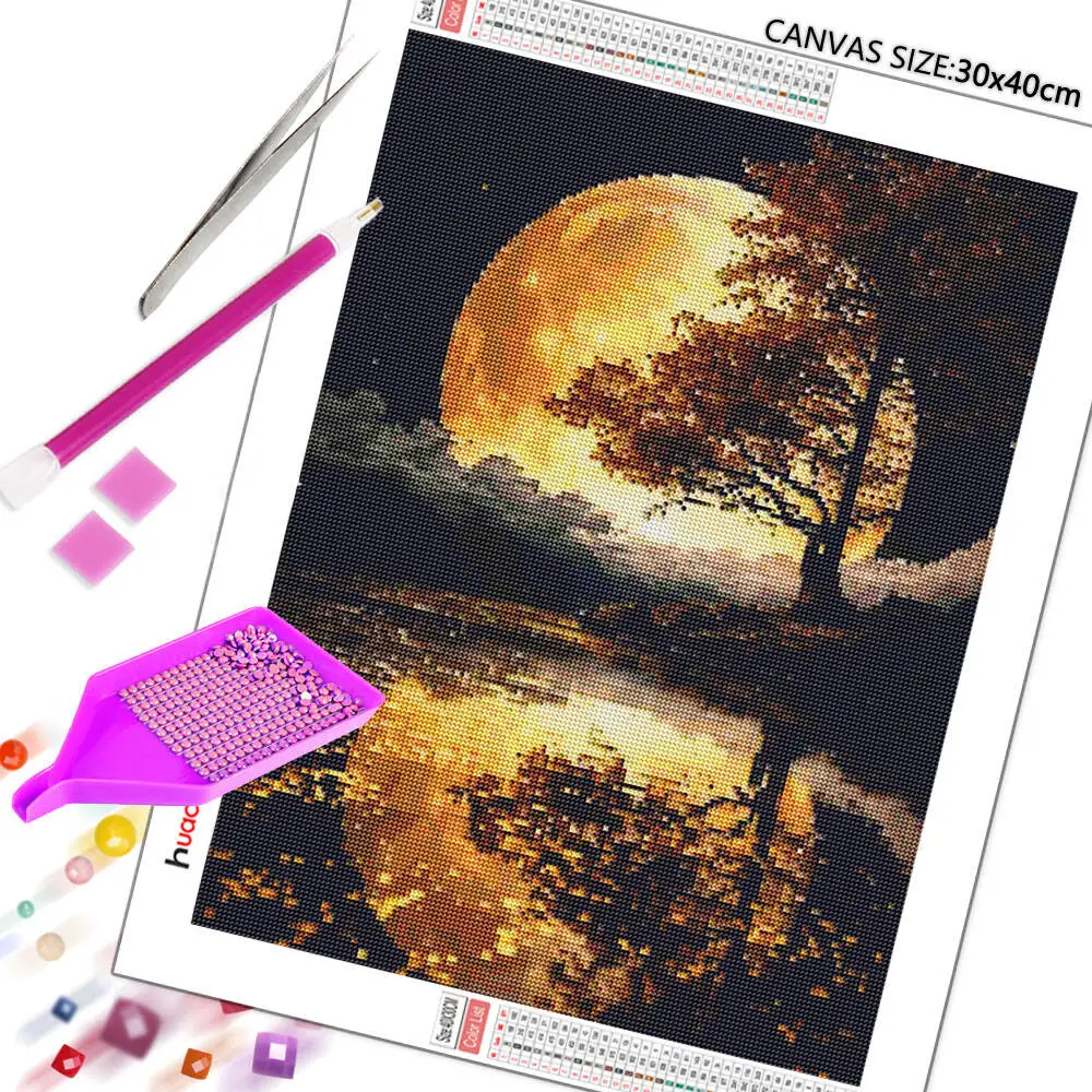 Enchanted Moonlit River: Diamond Mosaic Landscape Art