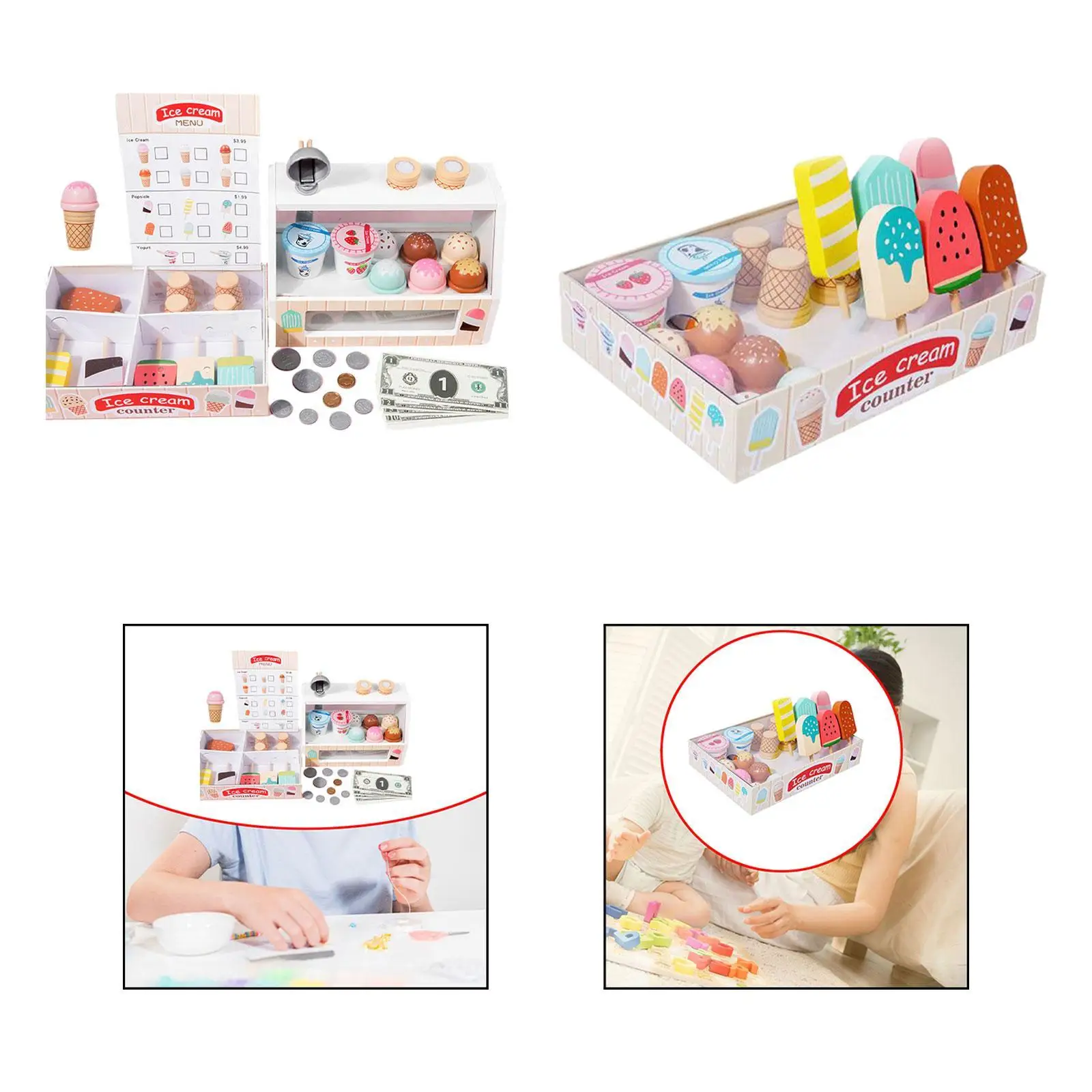 Wooden Ice Cream Counter Playset Food Toys Set for Kids Preschool Girls Boys