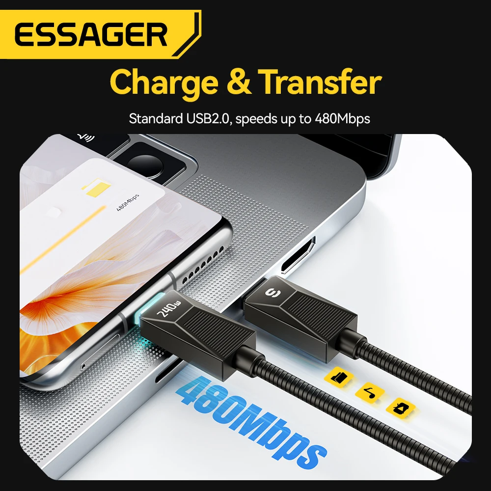 Essager 240W Super Fast Charge Type-C Cable 100W Fast Charging Stainless Stee Data Wire 5A For Macbook iPad iPone 16 15 Pro Max