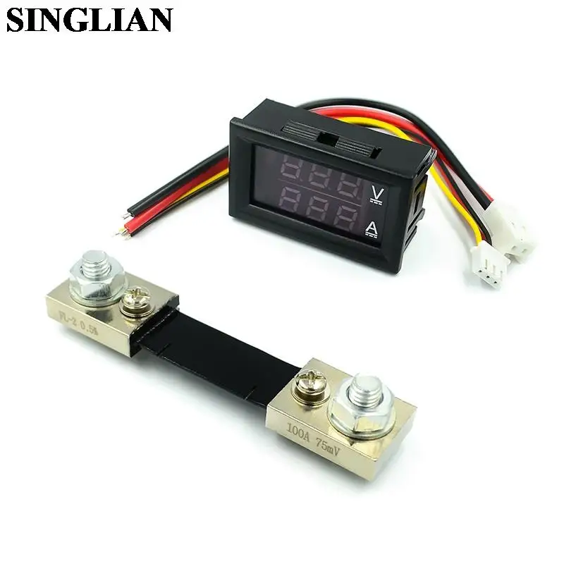 1set DC0-100V 100A LED Ammeter Voltmeter DC Dual Display A.V Digital Current Voltage Meter Red Blue+Current Diverter Kits