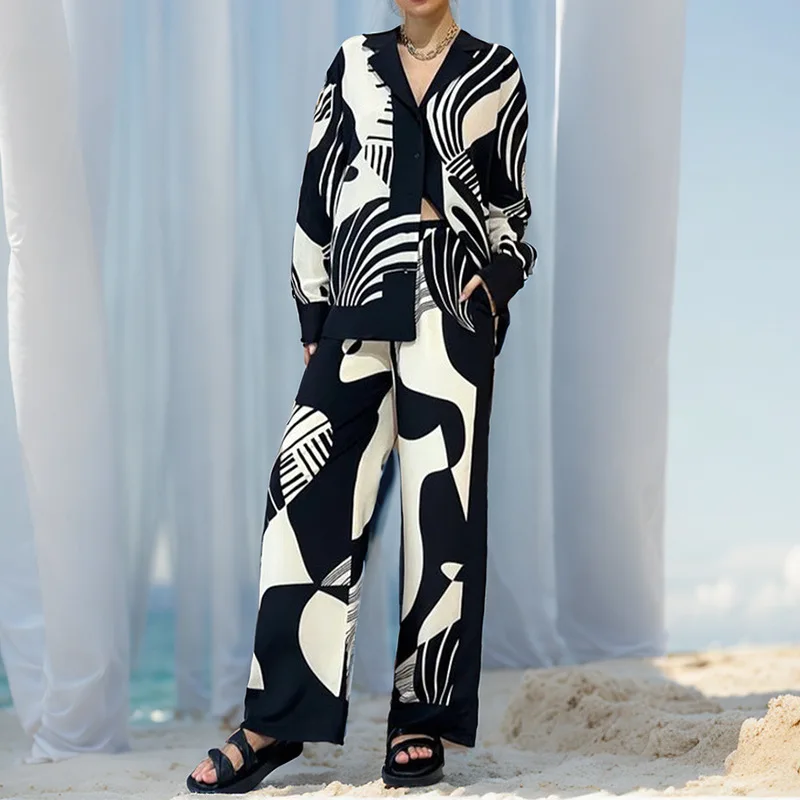 New Women Digital Print 2 Piece Set Chic Lapel Long Sleeved Blouse Top Loose Straight Leg Pants Suit Fashion Streetwear Outfits