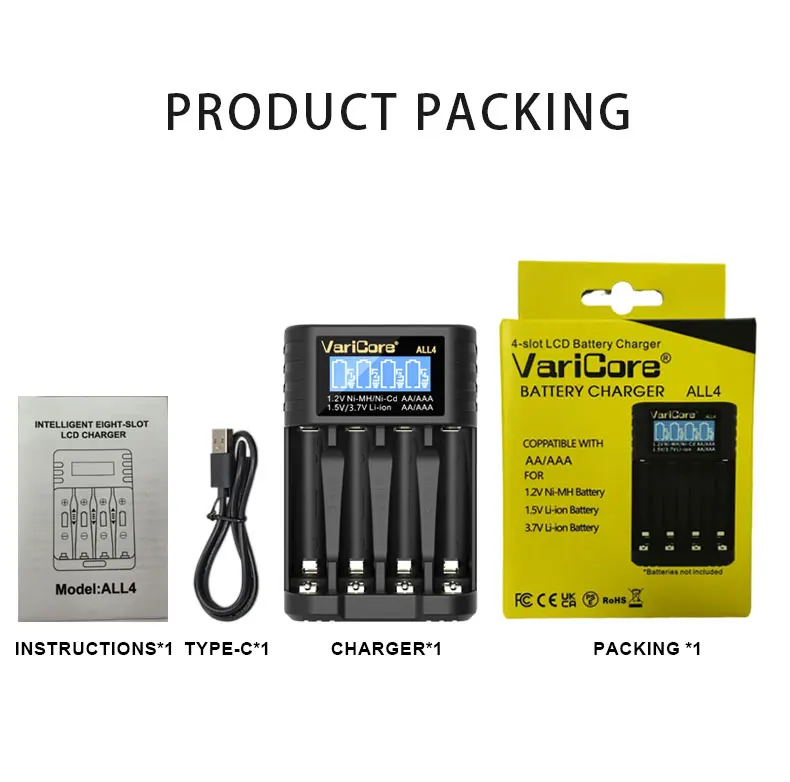 4-slots ALL4 LCD Smart Battery Charger for AA AAA 1.2v Ni-MH ni-cd 1.5v Lithium