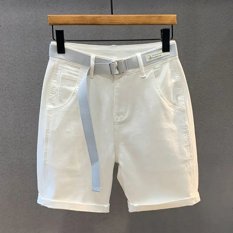 Summer Men's Casual White Denim Shorts White Loose Straight Short Pants With Belt