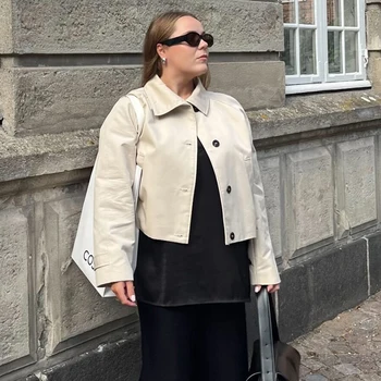 HXAO سترة نسائية معطف ديمي الموسم قصير خندق معطف امرأة طويلة الأكمام زر سترة واقية جديد في معاطف معاطف نسائية أنيقة 4