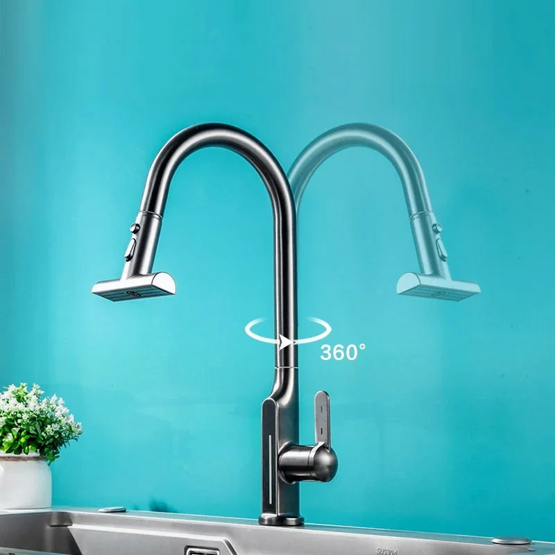 Digital Display Rainfall Pull Out Kitchen Faucet Temperature Rotation Mixer 3 Modes Sprayer Nozzle Hot Cold Sink Water Tap Crane