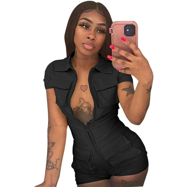 Black Sexy Jumpsuit for Woman Short Zipper V Turn Down Short