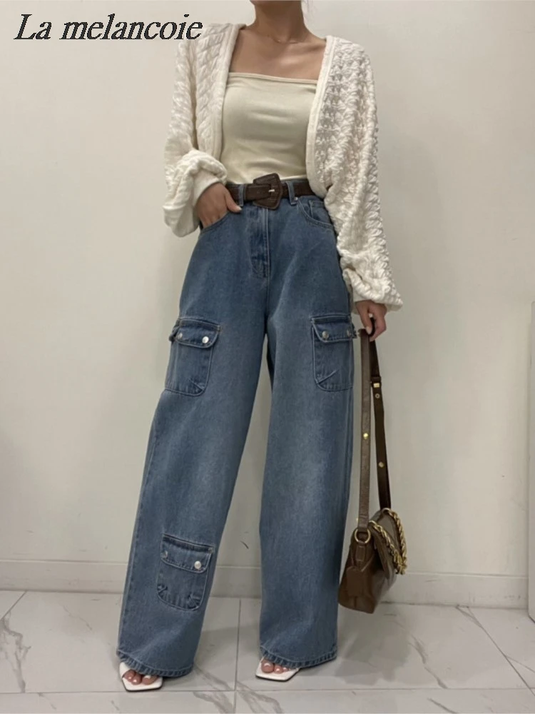 

Retro Jeans Women 2024 Spring New Fashion Y2k High Waist Multi-pocket Straight Wide-legged Pants Casual Loose Work Denim Trouser