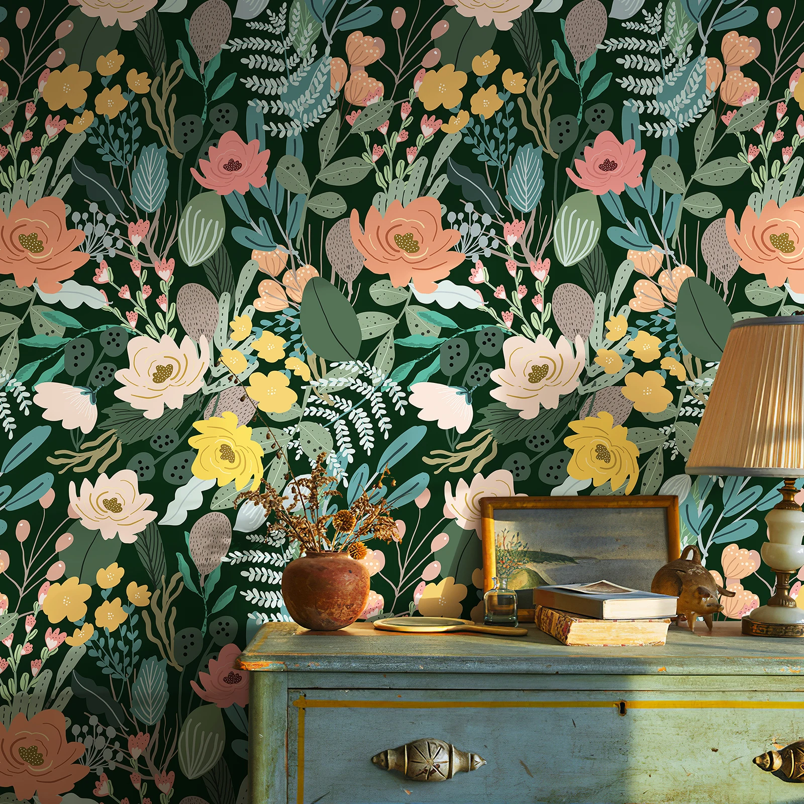 Folhas Verdes Rosa Floral PVC Papel de