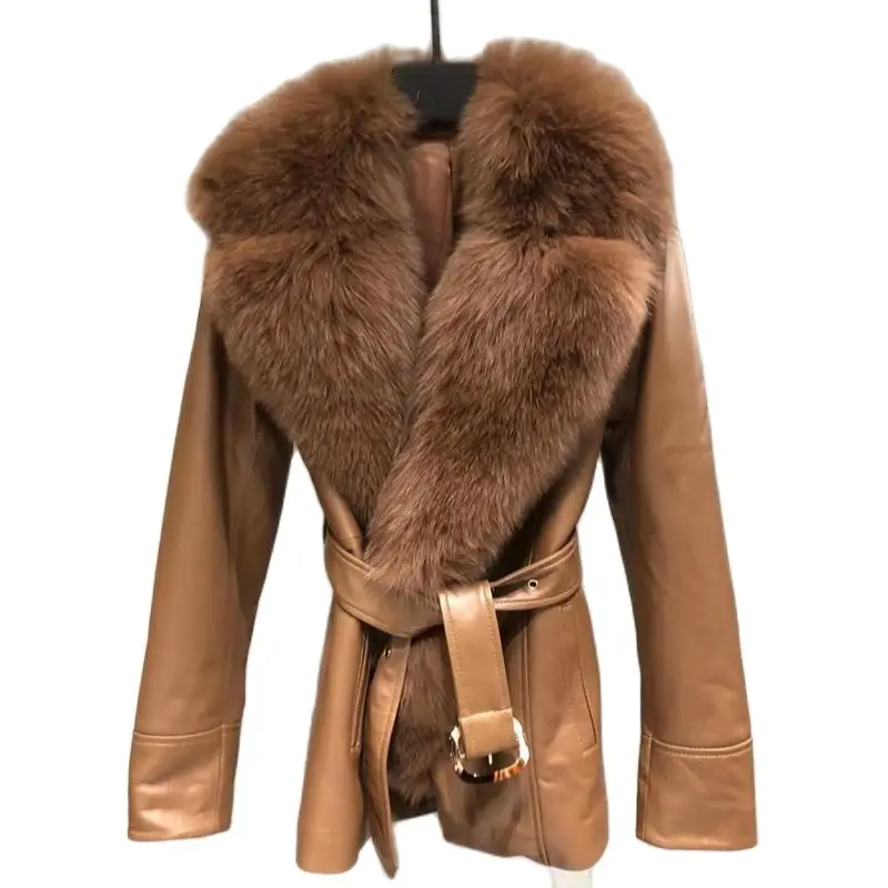 

2023 New Natural Fox Fur Collar Real Fur Coat Thick Warm Outerwear Belt Fashion Women Winter Genuine Sheepskin Leather Jacket