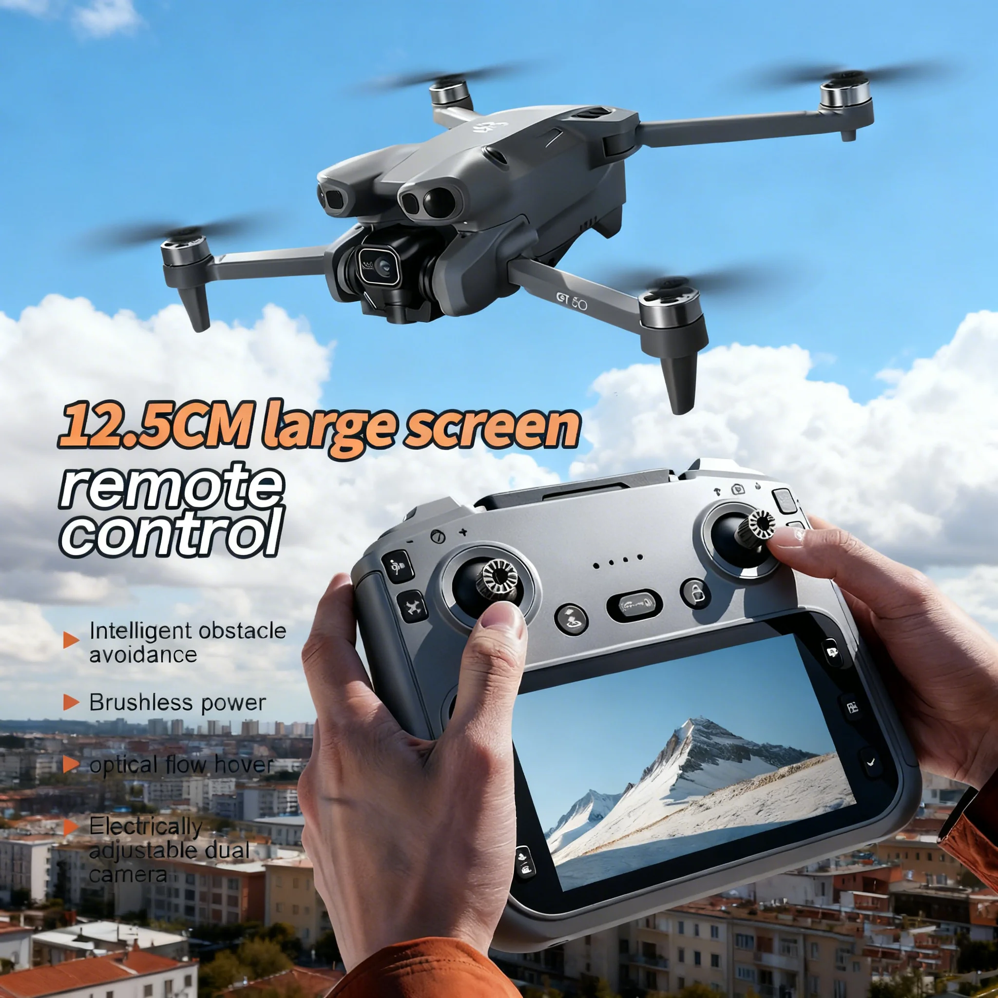 Drone GT50 Noir avec Caméra 4K HD, GPS et Retour d'Image WiFi - Parfait pour Débutants, contrôleur en main, écran affichant le retour vidéo.
