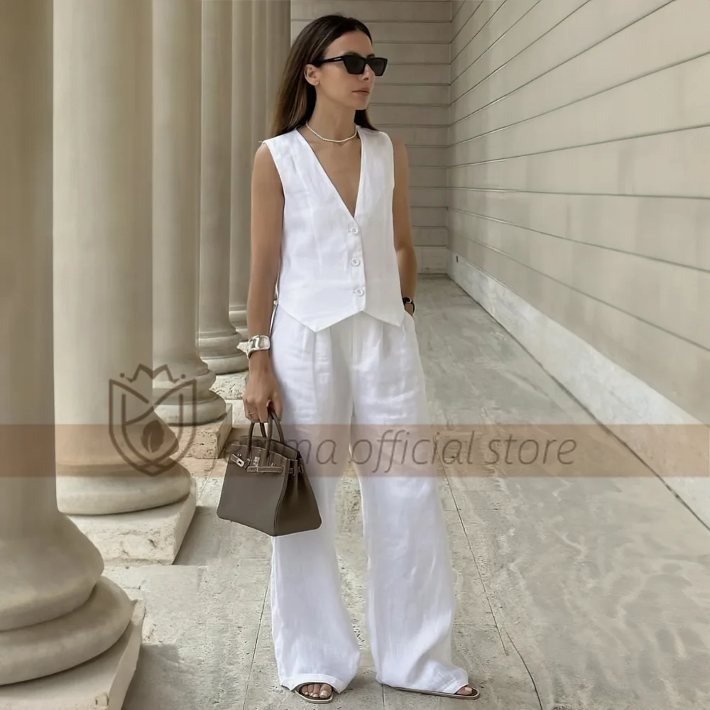 

Women's Office White Linen Vest and Pants 2-Piece Set - Slim Fit Handmade, Suitable for Outdoor Vacation Office Daily Wear