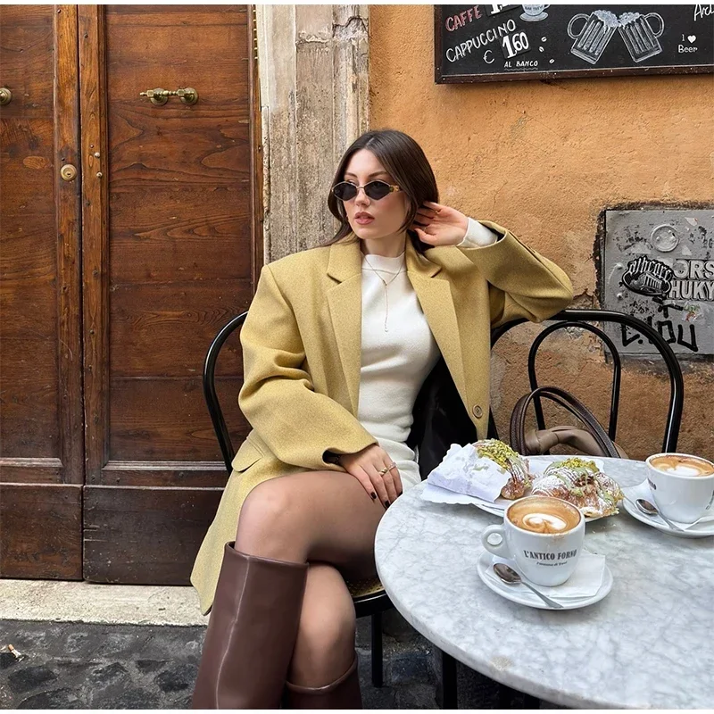Elegante blazer amarillo para mujer, chaqueta de traje de manga larga con solapa holgada y botonadura sencilla, primavera 2025, prendas de vestir exteriores para dama de calle alta