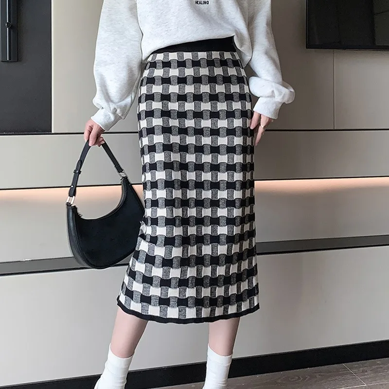 

High Elastic Waist Women Plaid Knitted Pencil Skirts 2023 New Autumn Elegant Ladies Fashion Bodycon Skirts Femme