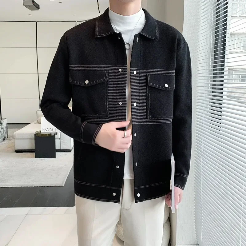 

Black/Gray Autumn New Turn Down Collar Cardigan for Men Clothing 2023 Single Breasted Slim Fit Casual Knitted Sweater Coats 4XL