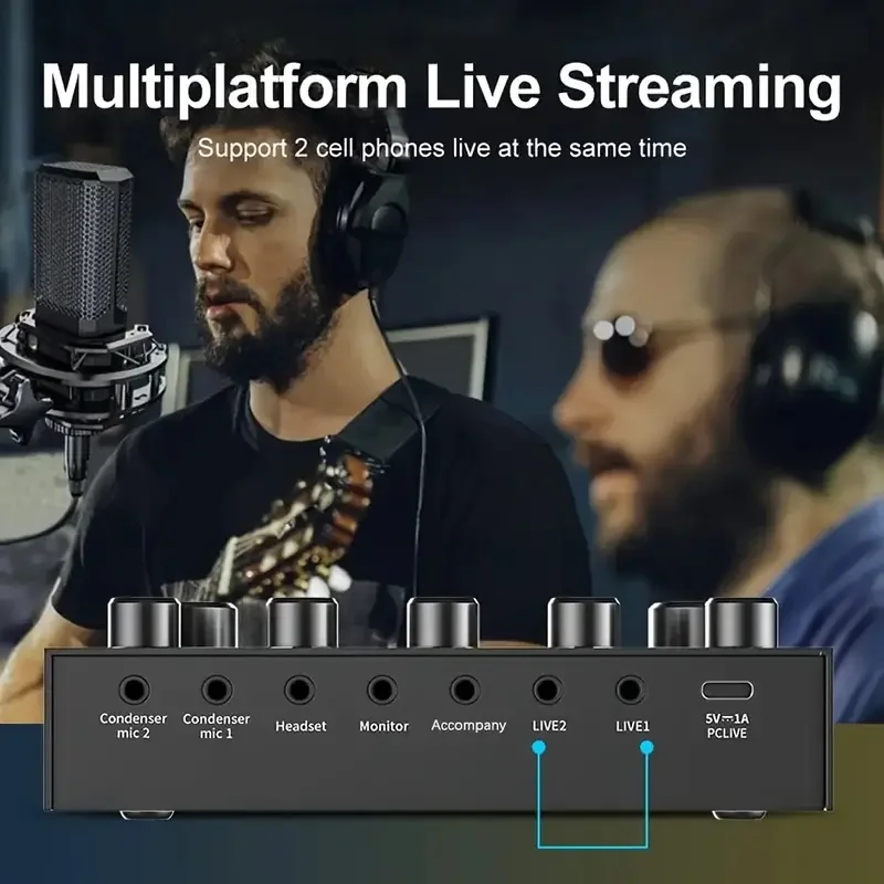 XIAOKOA V8S Sound Card Professional Bluetooth-Compatible Studio Record Premium Mic Preamp Sound Card Live Music Mixer