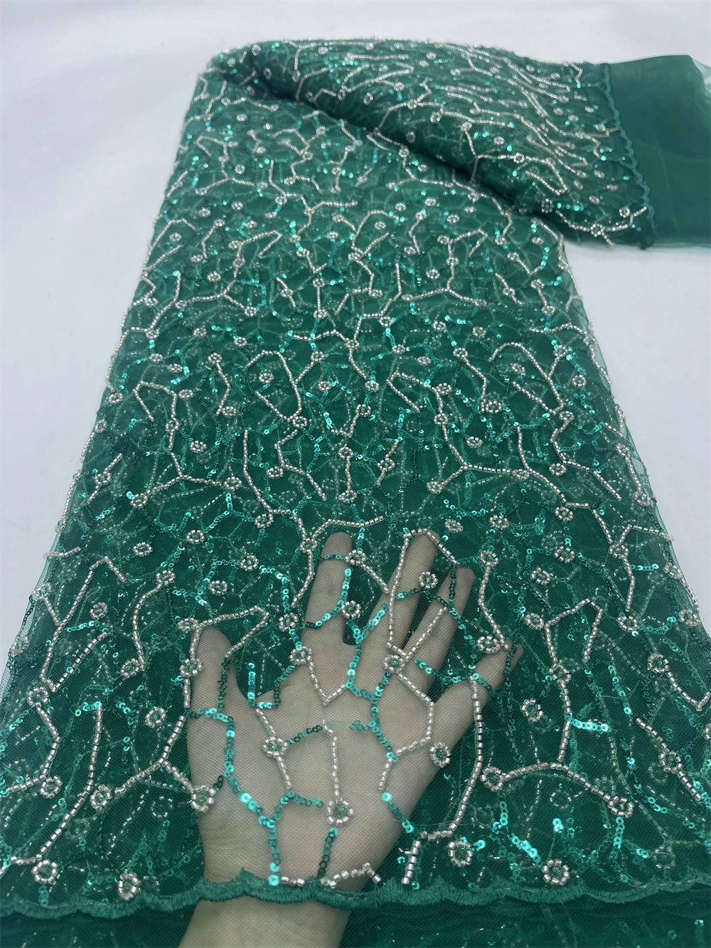 

Нигерийская африканская кружевная ткань, ткани, блестки, 2024, тюль, свадебные платья, вышивка, высокое качество, сетка, бисер, 5 ярдов