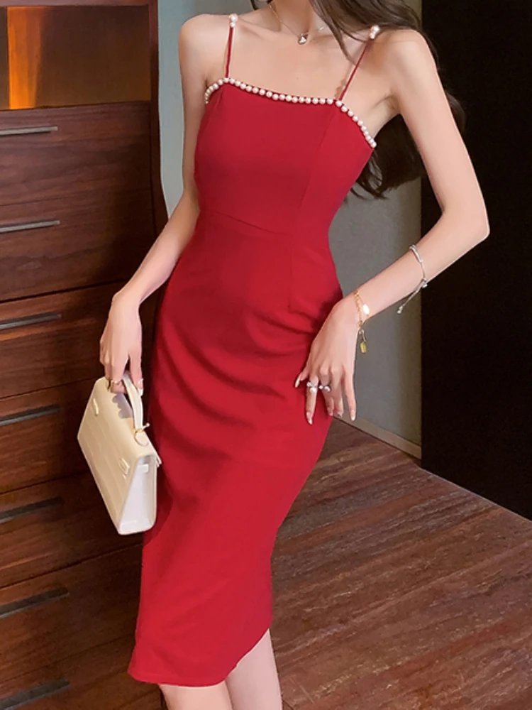 

Summer Spaghetti Strap Elegant Bodycon Midi Women Dress Sleeveless Sexy Slim Party White Vestidos Female Fashion Clothes New