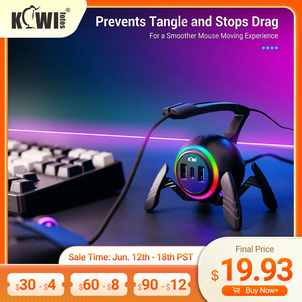 Mouse Bungee Cable Winder, Cabo Flexível Clip, 2 Portas USB, 1 Porta