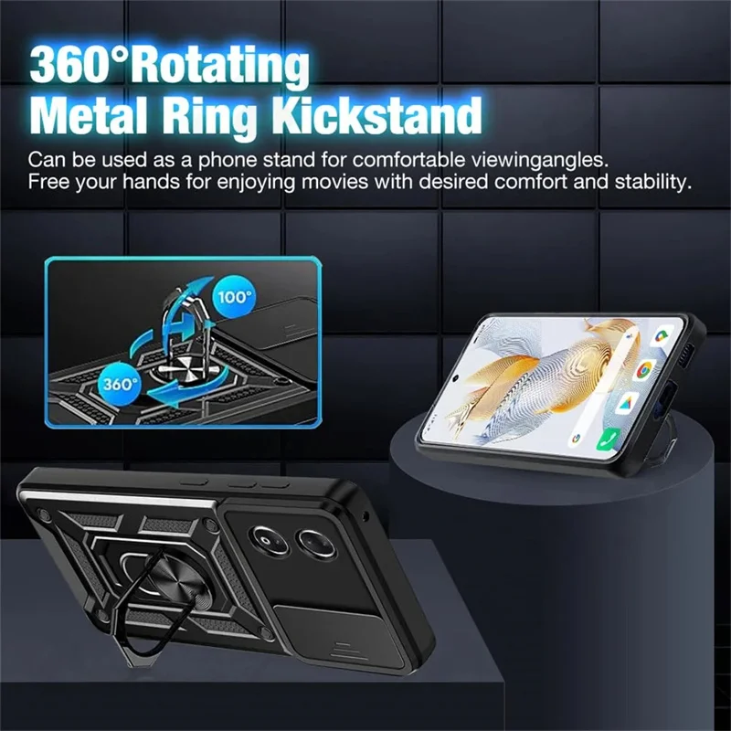 Armor Shockproof Phone Case with Magnetic 360-Degree Ring Holder and Slide Lens Cover
