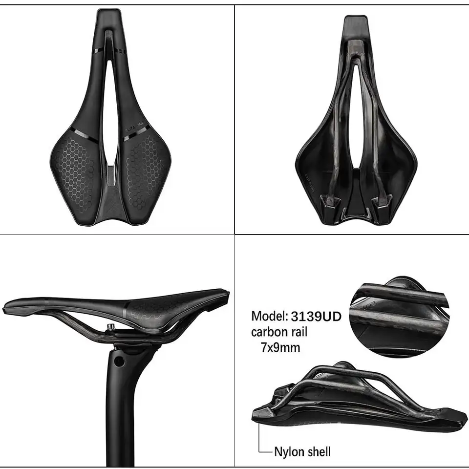 Selle Vélo Carbone UD 245x139mm, Rails Carbone, Fond Nylon, Neuve