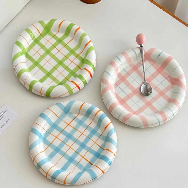 Ceramic Arts Ins Wind Sand Pull Plate Girl Heart Color Lattice Dim Sum Breakfast Dessert Plate Western Food Fruit