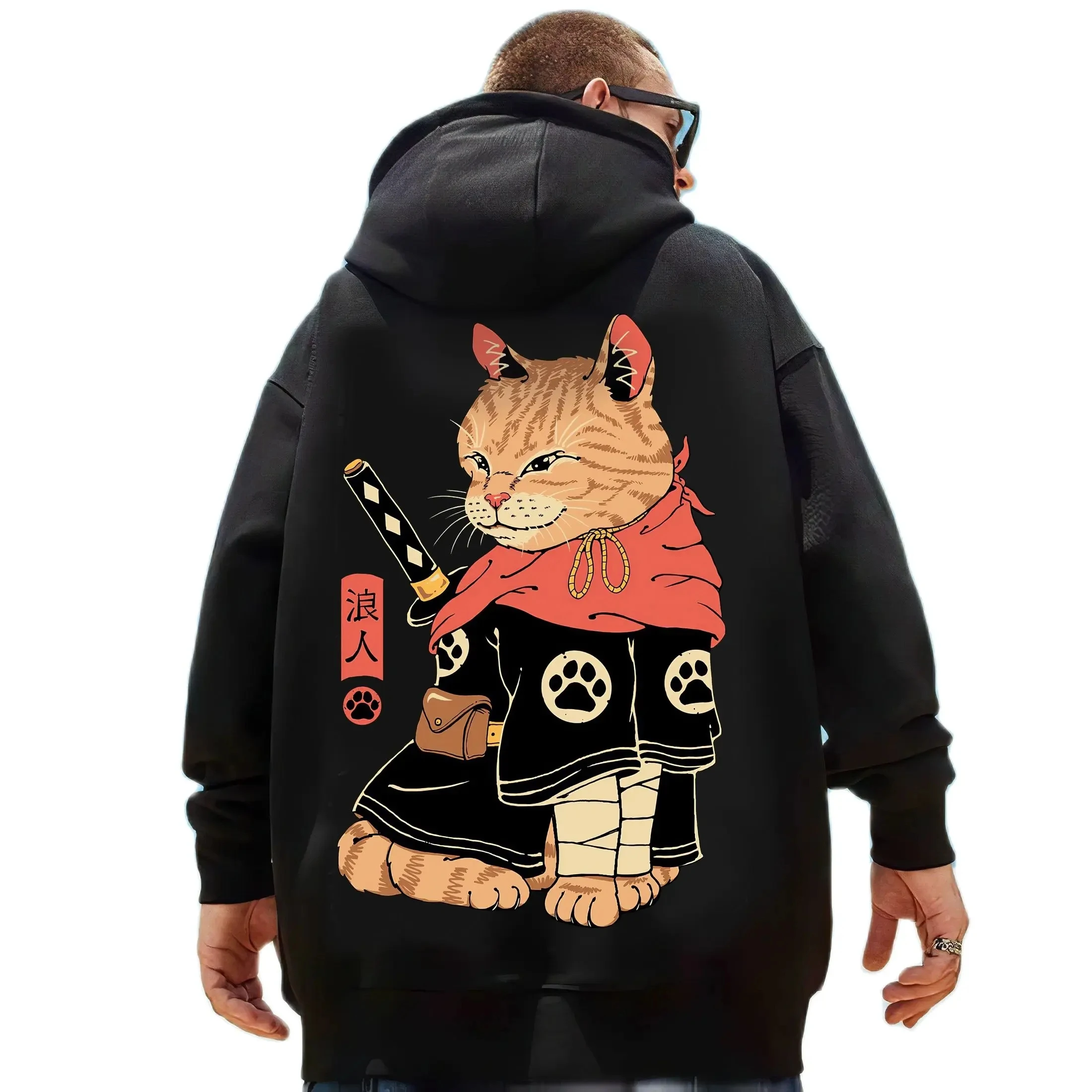 

Camisolas com capuz estampadas Samurai Cat masculinas, pulôver gráfico do elemento japonês, capuz Essentials, casaco extragrande