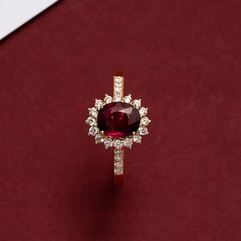 CCFJOYAS 100%  18k 골드 도금 레트로 루비 ? ? 여성용 반지 절묘한 타원형 로즈 레드 지르콘 빈티지 핑거 링