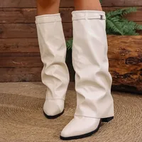 Women's Fashion Folding Knee-high Boots Winter Solid Color Non-slip Thick-soled Wide-leg PU Leather Fashion Boots Botas Mujer 5